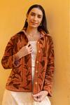 Buy_ASRUMO_Brown Velvet Embroidery Collared Hand Floral Jacket _at_Aza_Fashions