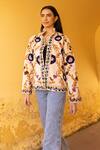 Buy_ASRUMO_Off White Velvet Embroidery High Neck Floral Hand Jacket _at_Aza_Fashions