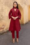 Buy_ASRUMO_Red Cotton, Chiffon Embroidery, Lace, Cut Work V-neck Schiffli A-line Kurta Set _at_Aza_Fashions