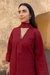 Buy_ASRUMO_Red Cotton, Chiffon Embroidery, Lace, Cut Work V-neck Schiffli A-line Kurta Set _Online_at_Aza_Fashions