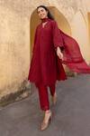 Shop_ASRUMO_Red Cotton, Chiffon Embroidery, Lace, Cut Work V-neck Schiffli A-line Kurta Set _Online_at_Aza_Fashions