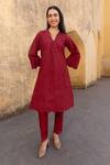ASRUMO_Red Cotton, Chiffon Embroidery, Lace, Cut Work V-neck Schiffli A-line Kurta Set _at_Aza_Fashions