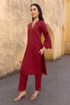 Buy_ASRUMO_Red Cotton, Chiffon Embroidery, Lace, Cut Work V-neck Schiffli A-line Kurta Set 