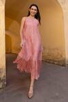 Shop_ASRUMO_Pink Chanderi Embroidery Round Neck Hand Frilled Midi Dress _Online_at_Aza_Fashions