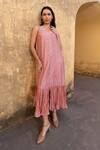 Buy_ASRUMO_Pink Chanderi Embroidery Round Neck Hand Frilled Midi Dress _at_Aza_Fashions
