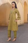 Buy_ASRUMO_Olive Green Cotton Embroidery V-neck Schiffli Hand Kurta Set _Online_at_Aza_Fashions
