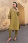 Buy_ASRUMO_Olive Green Cotton Embroidery V-neck Schiffli Hand Kurta Set _at_Aza_Fashions