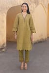 Shop_ASRUMO_Olive Green Cotton Embroidery V-neck Schiffli Hand Kurta Set _Online_at_Aza_Fashions