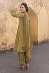 Shop_ASRUMO_Olive Green Cotton Embroidery V-neck Schiffli Hand Kurta Set _at_Aza_Fashions