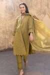 ASRUMO_Olive Green Cotton Embroidery V-neck Schiffli Hand Kurta Set _at_Aza_Fashions