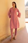 Buy_ASRUMO_Pink Cotton Embroidery, Cut Work V-neck Schiffli Hand Kurta Set _Online_at_Aza_Fashions