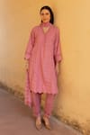 Shop_ASRUMO_Pink Cotton Embroidery, Cut Work V-neck Schiffli Hand Kurta Set _Online_at_Aza_Fashions