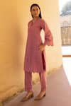 ASRUMO_Pink Cotton Embroidery, Cut Work V-neck Schiffli Hand Kurta Set _at_Aza_Fashions