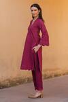 ASRUMO_Magenta Cotton, Chiffon Embroidery, Lace Split V-neck Schiffli Pattern Kurta Set _Online_at_Aza_Fashions