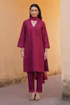 Shop_ASRUMO_Magenta Cotton, Chiffon Embroidery, Lace Split V-neck Schiffli Pattern Kurta Set _Online_at_Aza_Fashions