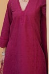 ASRUMO_Magenta Cotton, Chiffon Embroidery, Lace Split V-neck Schiffli Pattern Kurta Set _at_Aza_Fashions