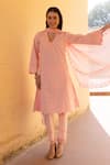 Buy_ASRUMO_Pink Cotton, Chiffon Embroidery, Lace V-neck Schiffli Hand Kurta Set _at_Aza_Fashions