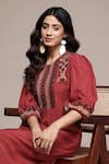 Ritu Kumar_Red Viscose, Silk Embroidery, Sequins Round , Keyhole Yoke Dress _Online_at_Aza_Fashions