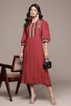 Buy_Ritu Kumar_Red Viscose, Silk Embroidery, Sequins Round , Keyhole Yoke Dress _at_Aza_Fashions