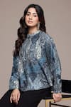 Shop Ritu Kumar Blue Bemberg, Viscose Mandarin Collar Paisley Pattern Top Online at Aza Fashions Shop_Ritu Kumar_Blue Bemberg, Viscose Mandarin Collar Paisley Pattern Top _Online_at_Aza_Fashions