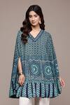 Buy_Ritu Kumar_Blue Crepe V-neck Teal Jigisa Half Sleeves A-line Kurta _at_Aza_Fashions