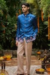 Buy_Philocaly_Blue Silk, Cotton Embroidery, Metallic Thread Bagh Bandhgala And Trouser Set _at_Aza_Fashions