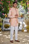 Buy_Philocaly_Peach Silk Embroidery Zarqa Geometric Open Bundi And Kurta Set _at_Aza_Fashions