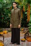 Shop_Philocaly_Olive Green Silk Sequins Sitara And Pintucks Short Kurta _at_Aza_Fashions