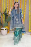 Surkh Syahi_Blue Crepe Embroidery, Tassels, Zari, Sequins Split Printed Kaftan And Gharara Set _Online_at_Aza_Fashions
