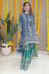 Buy_Surkh Syahi_Blue Crepe Embroidery, Tassels, Zari, Sequins Split Printed Kaftan And Gharara Set _Online_at_Aza_Fashions