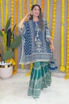 Surkh Syahi_Blue Crepe Embroidery, Tassels, Zari, Sequins Split Printed Kaftan And Gharara Set _at_Aza_Fashions