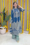 Surkh Syahi_Blue Crepe Embroidery, Mirrors, Sequins Mandarin Geometric Kurta And Palazzo Set _at_Aza_Fashions