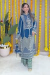 Shop_Surkh Syahi_Blue Crepe Embroidery, Mirrors, Sequins Mandarin Geometric Kurta And Palazzo Set 