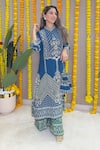 Surkh Syahi_Blue Crepe Embroidery, Mirrors, Sequins Mandarin Geometric Kurta And Palazzo Set _Online