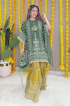 Buy_Surkh Syahi_Green Crepe Embroidery, Tassels, Sequins Keyhole Neck Kaftan And Gharara Set 