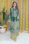 Buy_Surkh Syahi_Green Crepe Embroidery, Zari Mandarin Collar Kurta And Palazzo Set _Online_at_Aza_Fashions