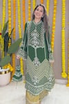 Surkh Syahi_Green Crepe Embroidery, Zari Mandarin Collar Kurta And Palazzo Set _at_Aza_Fashions