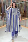 Shop_Surkh Syahi_Blue Crepe Mirrors, Embroidery, Sequins, Striped Printed Kaftan And Gharara Set _Online_at_Aza_Fashions