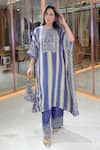 Surkh Syahi_Blue Crepe Mirrors, Embroidery, Sequins, Striped Printed Kaftan And Gharara Set _at_Aza_Fashions
