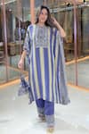Buy_Surkh Syahi_Blue Crepe Mirrors, Embroidery, Sequins, Striped Printed Kaftan And Gharara Set 
