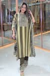 Shop_Surkh Syahi_Olive Green Crepe Sequins, Stones, Metallic Thread, Striped Kaftan And Gharara Set _Online_at_Aza_Fashions