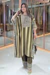 Buy_Surkh Syahi_Olive Green Crepe Sequins, Stones, Metallic Thread, Striped Kaftan And Gharara Set 