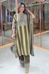 Surkh Syahi_Olive Green Crepe Sequins, Stones, Metallic Thread, Striped Kaftan And Gharara Set _Online