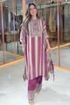 Surkh Syahi_Wine Crepe Sequins, Embroidery, Beads, Striped Embellished Kaftan Pant Set _Online_at_Aza_Fashions