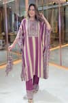 Buy_Surkh Syahi_Wine Crepe Sequins, Embroidery, Beads, Striped Embellished Kaftan Pant Set _Online_at_Aza_Fashions