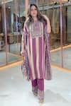 Surkh Syahi_Wine Crepe Sequins, Embroidery, Beads, Striped Embellished Kaftan Pant Set _at_Aza_Fashions