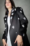 Therealb_Black Satin Beads, Pearls Floral Embellished Long Coat _at_Aza_Fashions