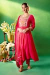 Shop Samyukta Singhania Red Chanderi, Shantoon Embroidery Round Neck, Split Yoke Anarkali Kurta Set at Aza Fashions Shop_Samyukta Singhania_Red Chanderi, Shantoon Embroidery Round Neck, Split Yoke Anarkali Kurta Set _at_Aza_Fashions