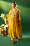 Shop_Samyukta Singhania_Mustard Chanderi, Shantoon Embroidery Round Neck Anarkali Set _at_Aza_Fashions