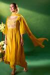 Samyukta Singhania_Mustard Chanderi, Shantoon Embroidery Round Neck Anarkali Set 